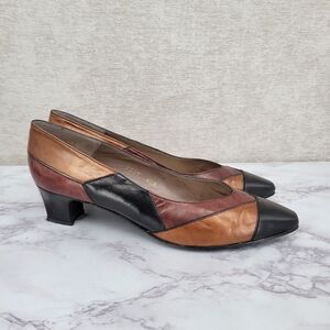 Margaret J Vintage Leather Patchwork Pumps Kitten Heels Black Brown Bronze